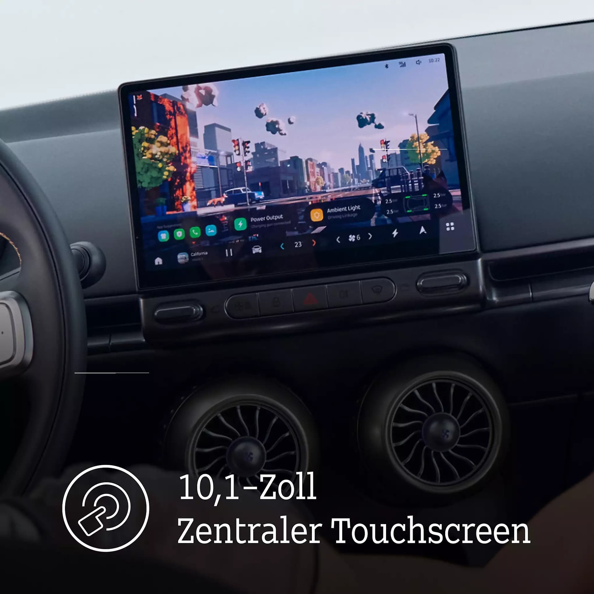 Detailaufnahme des smart #2 Cockpits mit zentralem 10,1-Zoll-Touchscreen, digitaler Bedienoberfläche und zwei runden Lüftungsdüsen.