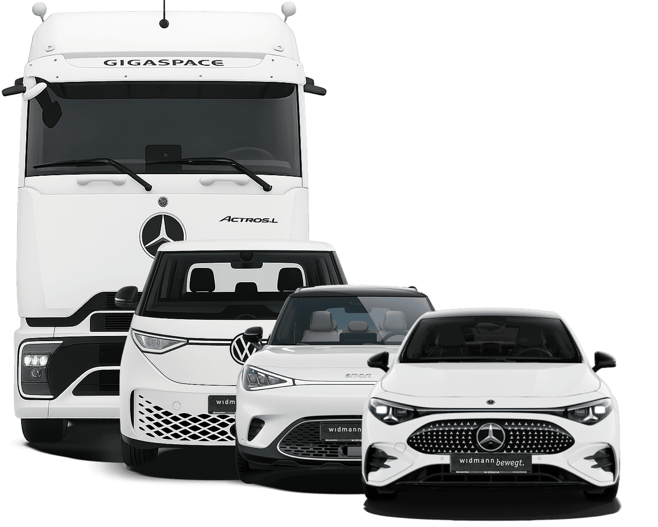 Mercedes-Benz Actros, VW ID.Buzz, Smart #1 und Mercedes-Benz CLA in einer Reihe versetzt hintereinander. Alle Fahrzeuge sind weiß.